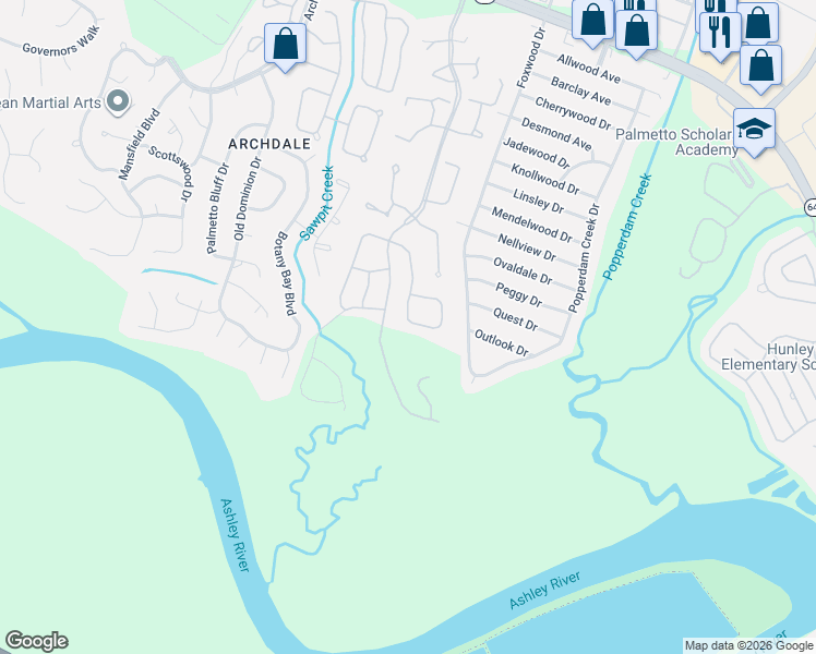 map of restaurants, bars, coffee shops, grocery stores, and more near 7835 Montview Road in North Charleston