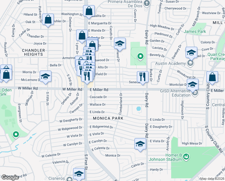 map of restaurants, bars, coffee shops, grocery stores, and more near 404 Cascade Drive in Garland