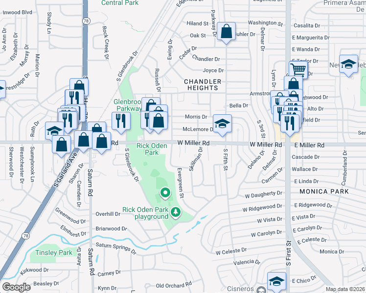 map of restaurants, bars, coffee shops, grocery stores, and more near 732 West Miller Road in Garland