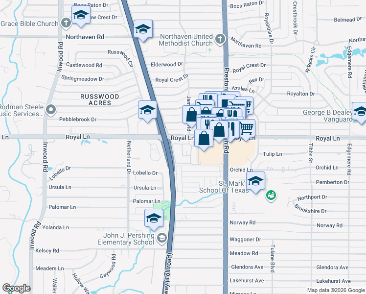 map of restaurants, bars, coffee shops, grocery stores, and more near 10771 Villager Road in Dallas
