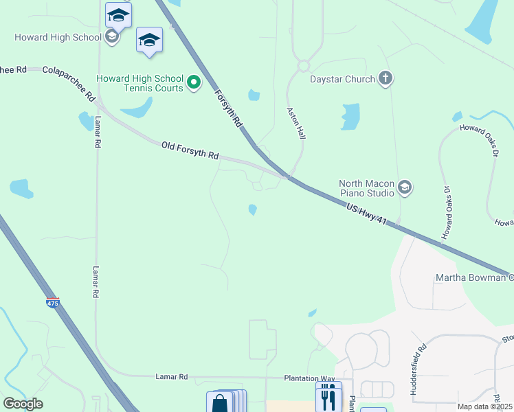 map of restaurants, bars, coffee shops, grocery stores, and more near 6220 Old Forsyth Road in Macon