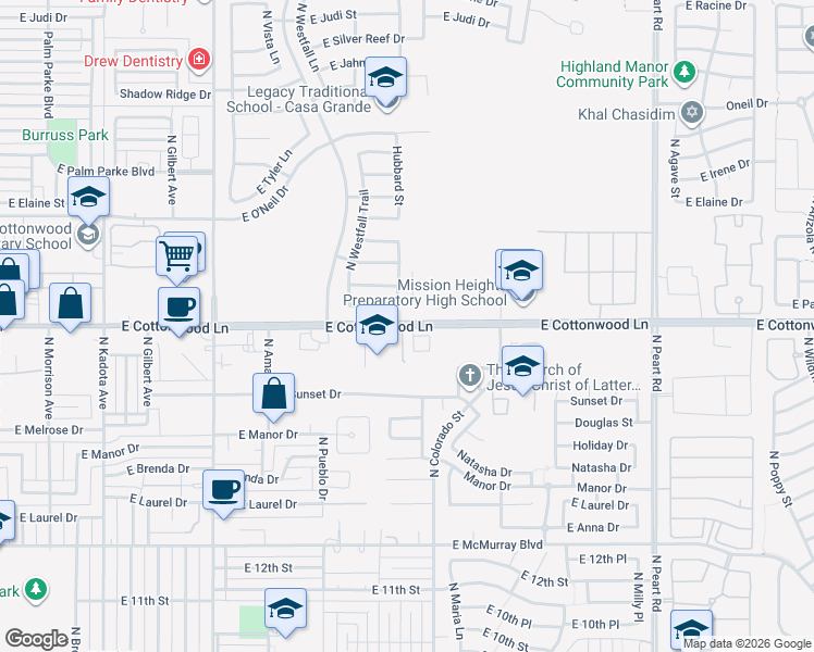 map of restaurants, bars, coffee shops, grocery stores, and more near 1281 East Cottonwood Lane in Casa Grande