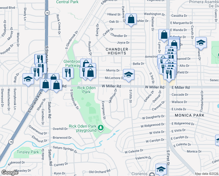 map of restaurants, bars, coffee shops, grocery stores, and more near 2013 Skillman Drive in Garland