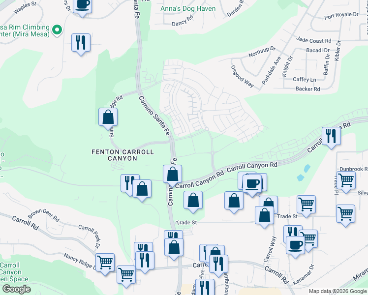 map of restaurants, bars, coffee shops, grocery stores, and more near 9293 Camino Santa Fe in San Diego