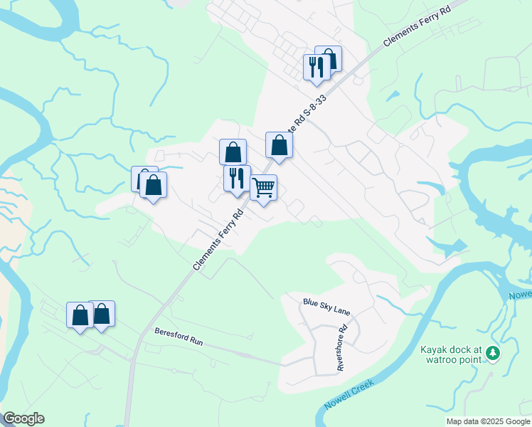 map of restaurants, bars, coffee shops, grocery stores, and more near 2509 Clements Ferry Road in Charleston