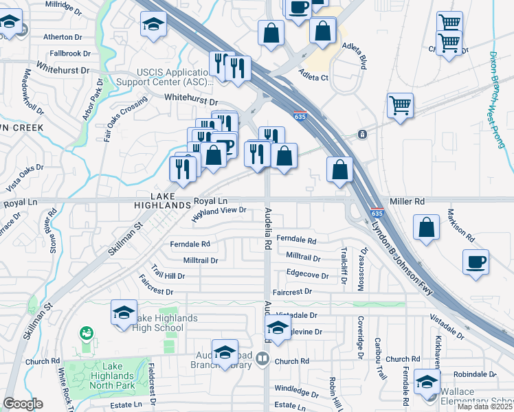 map of restaurants, bars, coffee shops, grocery stores, and more near 9711 Summerhill Lane in Dallas