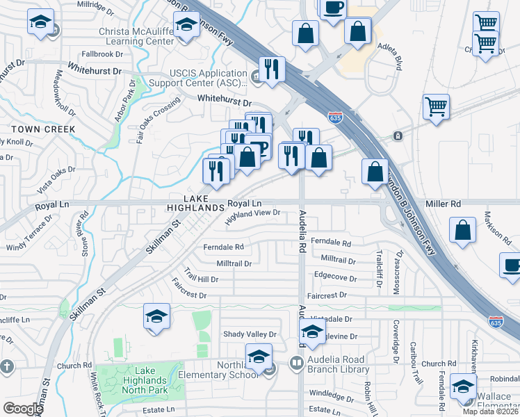 map of restaurants, bars, coffee shops, grocery stores, and more near 9621 Summerhill Lane in Dallas
