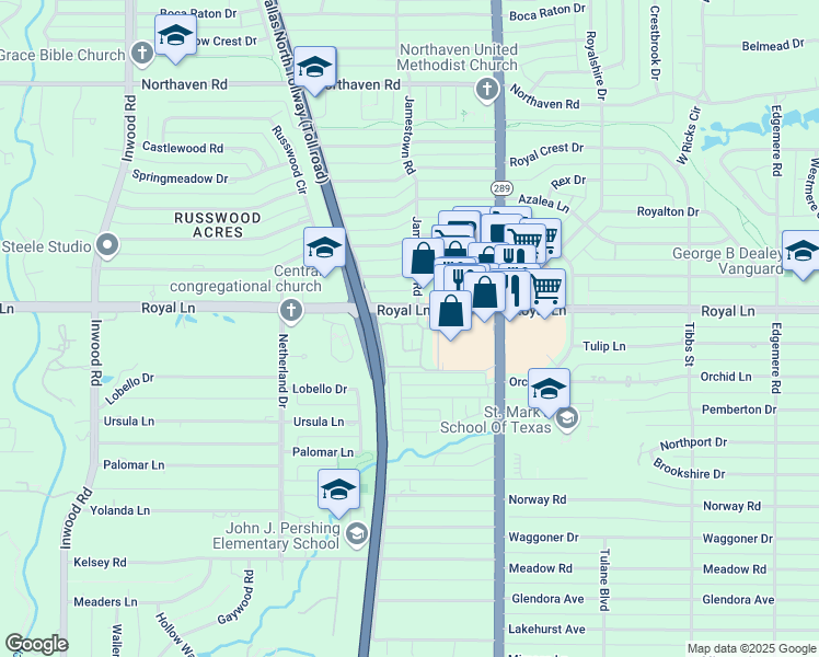 map of restaurants, bars, coffee shops, grocery stores, and more near 10771 Villager Road in Dallas