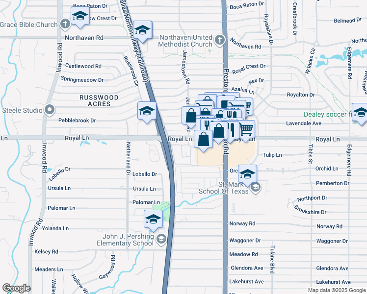 map of restaurants, bars, coffee shops, grocery stores, and more near 10771 Villager Road in Dallas