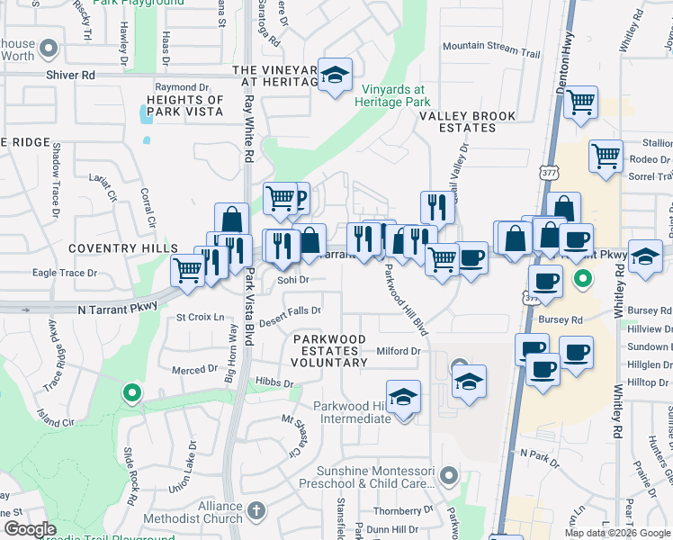 map of restaurants, bars, coffee shops, grocery stores, and more near 5397 Lake Chelen Drive in Fort Worth