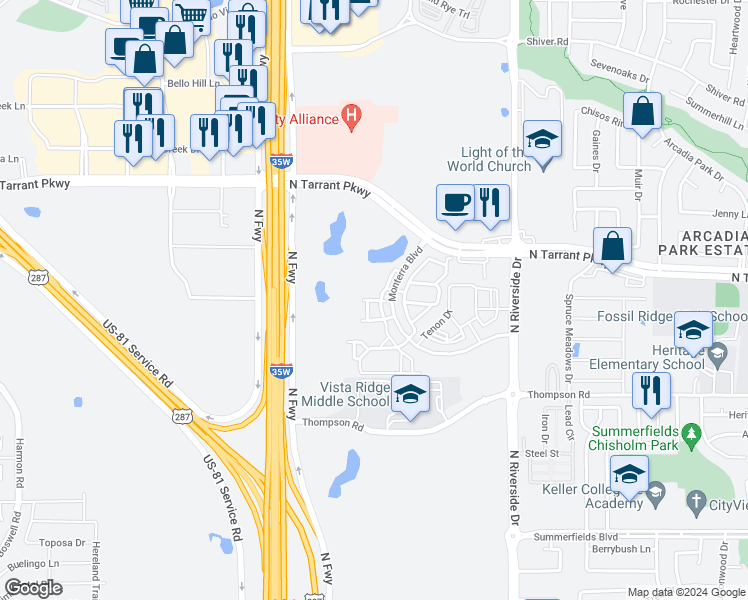 map of restaurants, bars, coffee shops, grocery stores, and more near 805 Monterra Bluff Lane in Fort Worth