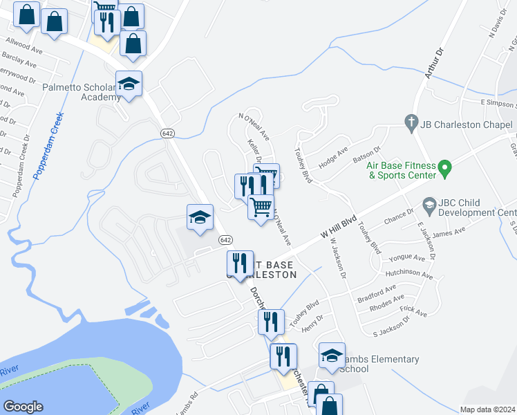 map of restaurants, bars, coffee shops, grocery stores, and more near 101 Lawson Drive in North Charleston
