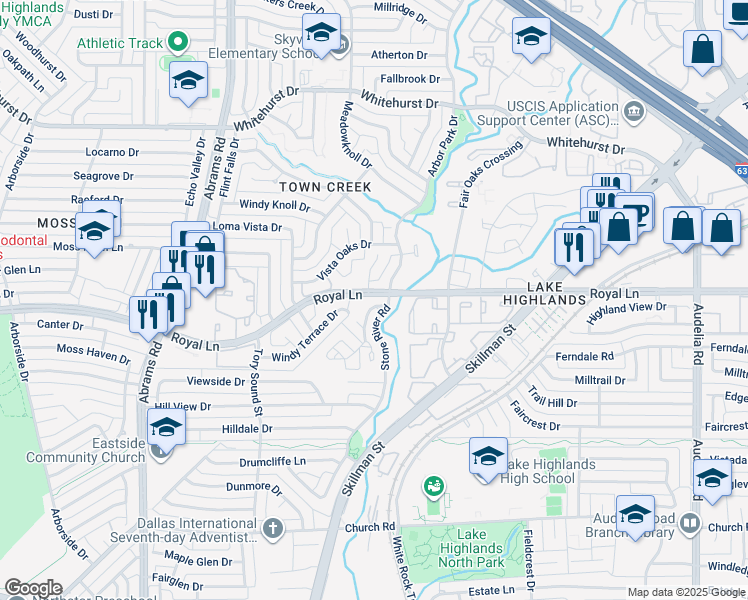 map of restaurants, bars, coffee shops, grocery stores, and more near 8408 Old Moss Road in Dallas