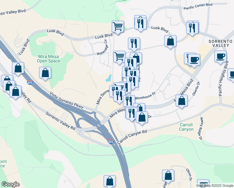 map of restaurants, bars, coffee shops, grocery stores, and more near 5375 Mira Sorrento Place in San Diego