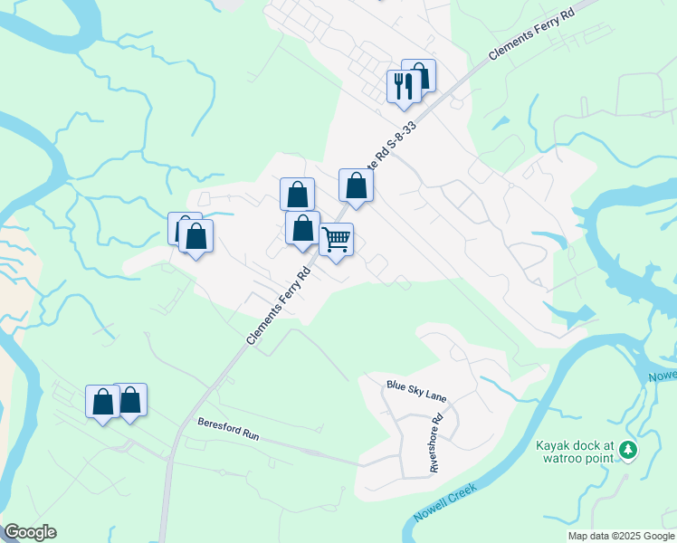 map of restaurants, bars, coffee shops, grocery stores, and more near 2509 Clements Ferry Road in Charleston