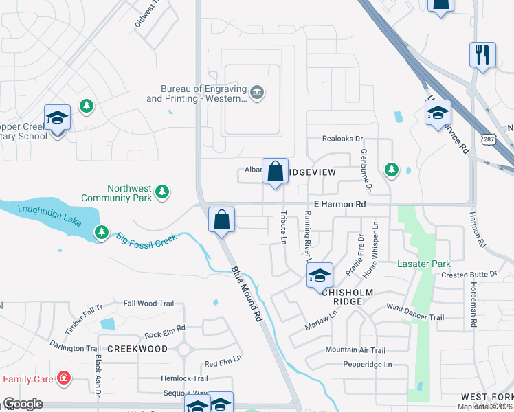 map of restaurants, bars, coffee shops, grocery stores, and more near 800 East Harmon Road in Fort Worth