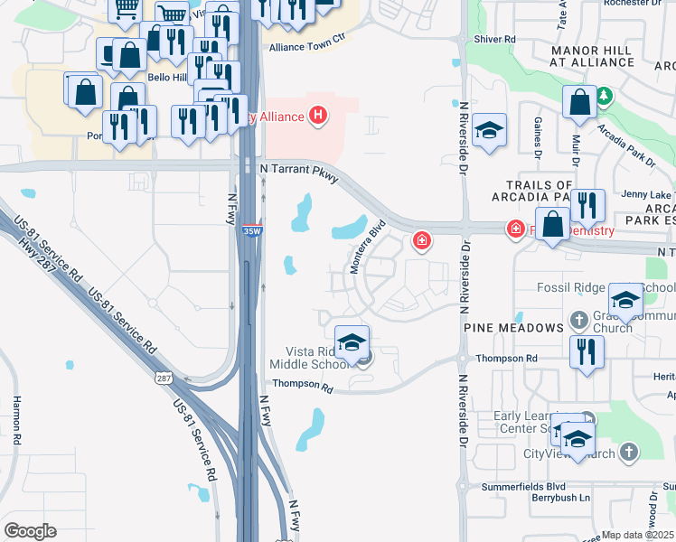 map of restaurants, bars, coffee shops, grocery stores, and more near 805 Monterra Bluff Lane in Fort Worth