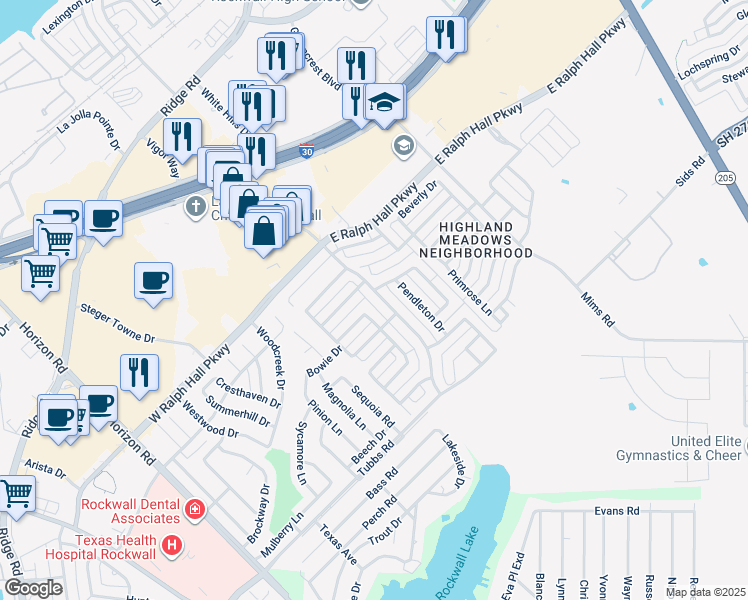 map of restaurants, bars, coffee shops, grocery stores, and more near 3137 Market Center Drive in Rockwall