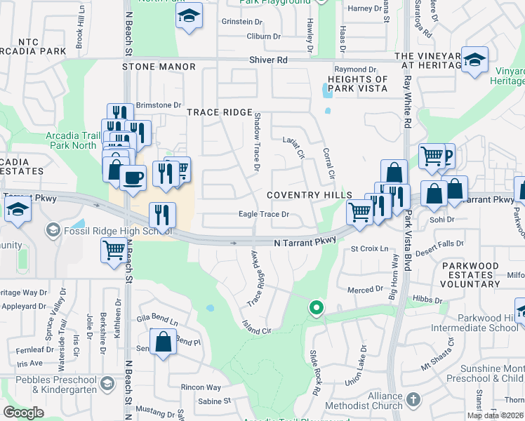 map of restaurants, bars, coffee shops, grocery stores, and more near 8601 Stetson Drive in Fort Worth