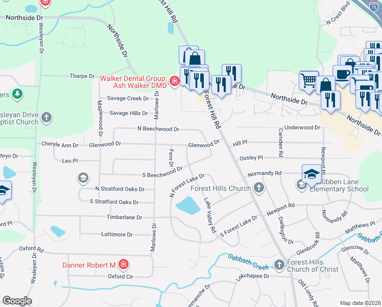map of restaurants, bars, coffee shops, grocery stores, and more near 4501 Glenwood Drive in Macon