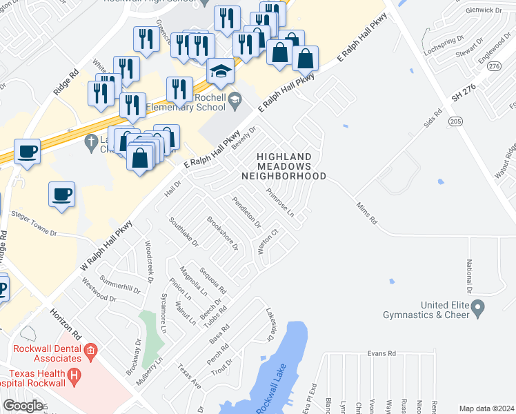 map of restaurants, bars, coffee shops, grocery stores, and more near 613 Norwood Street in Rockwall