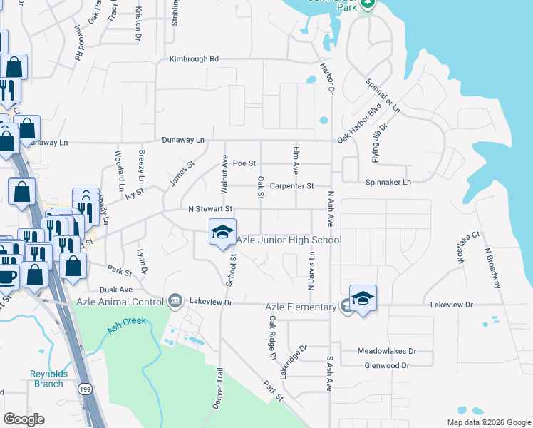 map of restaurants, bars, coffee shops, grocery stores, and more near 1009 North Stewart Street in Azle