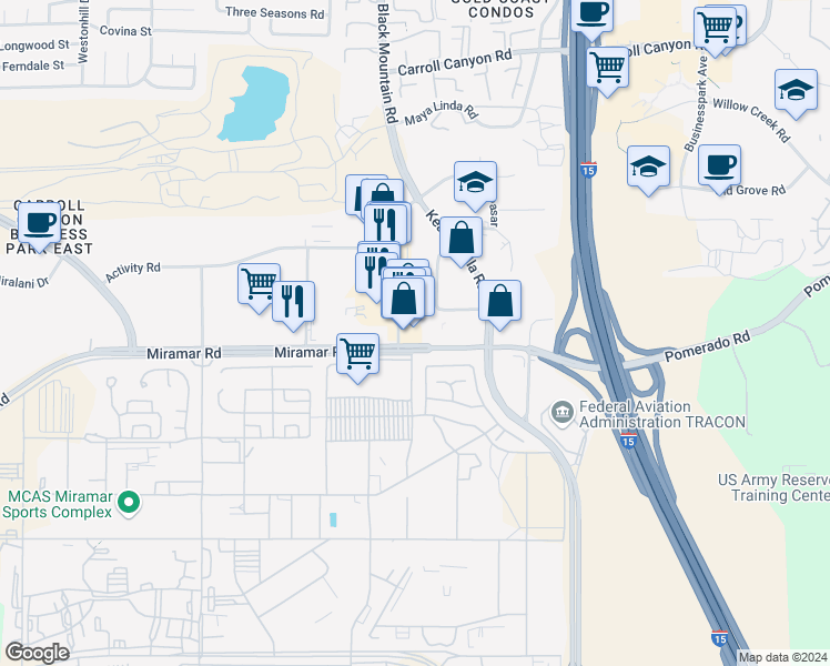 map of restaurants, bars, coffee shops, grocery stores, and more near 9469 Black Mountain Road in San Diego