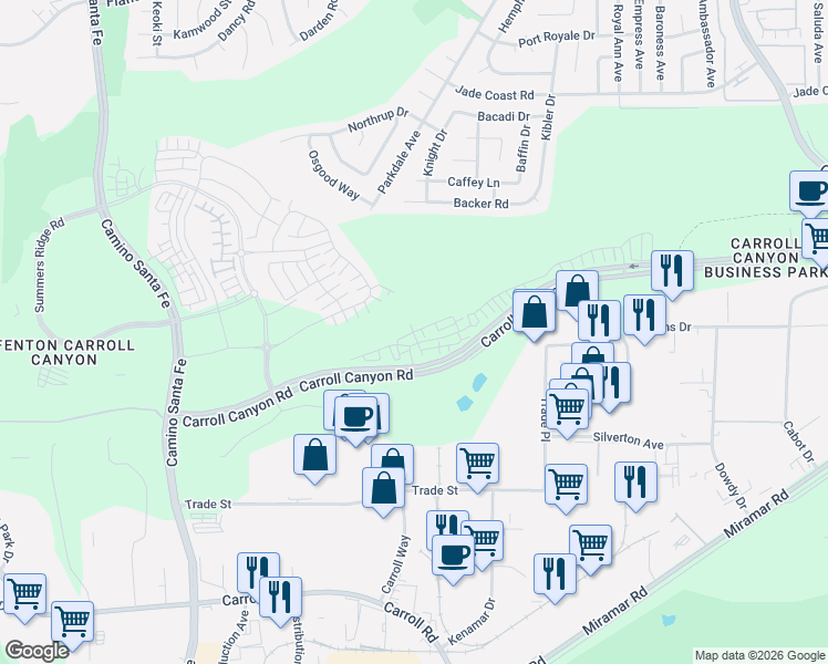 map of restaurants, bars, coffee shops, grocery stores, and more near 9265 Camino Santa Fe in San Diego