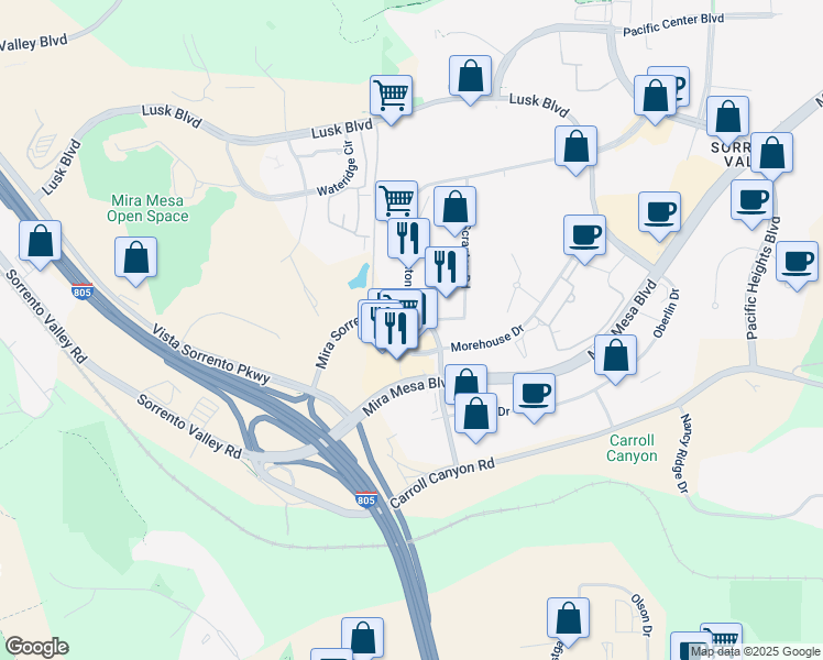map of restaurants, bars, coffee shops, grocery stores, and more near 9605 Scranton Road in San Diego