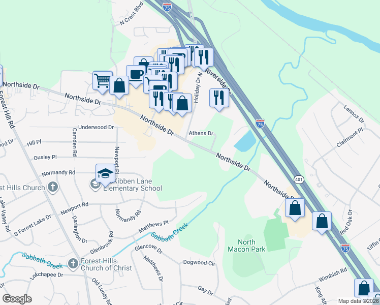 map of restaurants, bars, coffee shops, grocery stores, and more near 3501-3569 Northside Dr in Macon