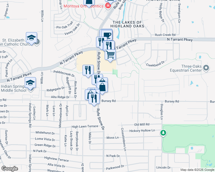 map of restaurants, bars, coffee shops, grocery stores, and more near 1307 Lindsey Drive in Keller