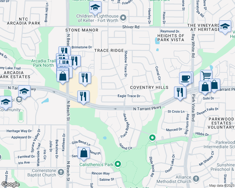 map of restaurants, bars, coffee shops, grocery stores, and more near 8600 Olympia Trace Circle in Fort Worth