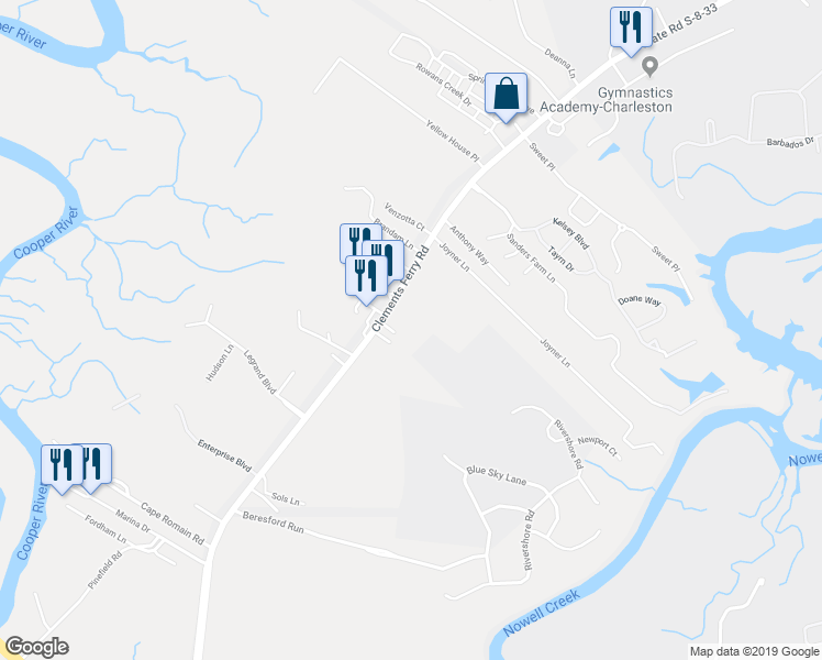 map of restaurants, bars, coffee shops, grocery stores, and more near 2509 Clements Ferry Road in Charleston