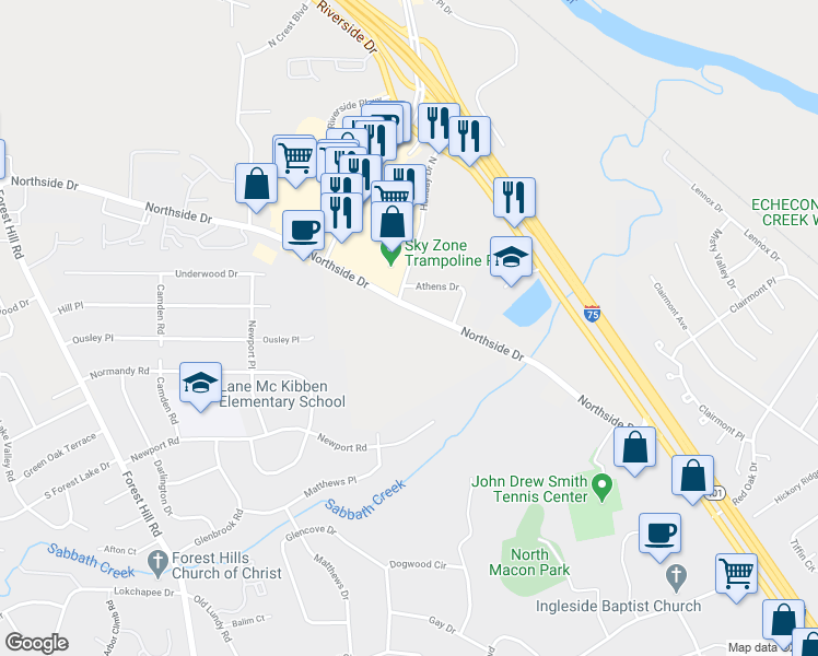 map of restaurants, bars, coffee shops, grocery stores, and more near 3568 Northside Drive in Macon