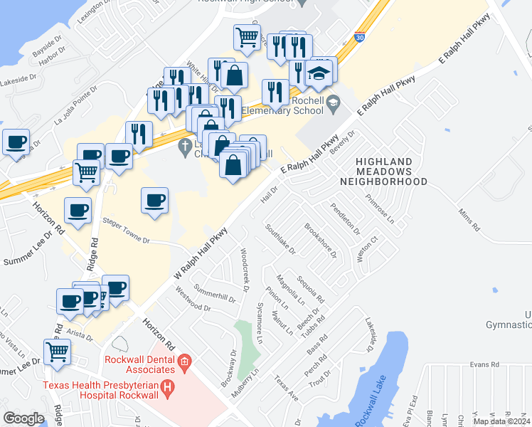 map of restaurants, bars, coffee shops, grocery stores, and more near 141 Southwood Drive in Rockwall