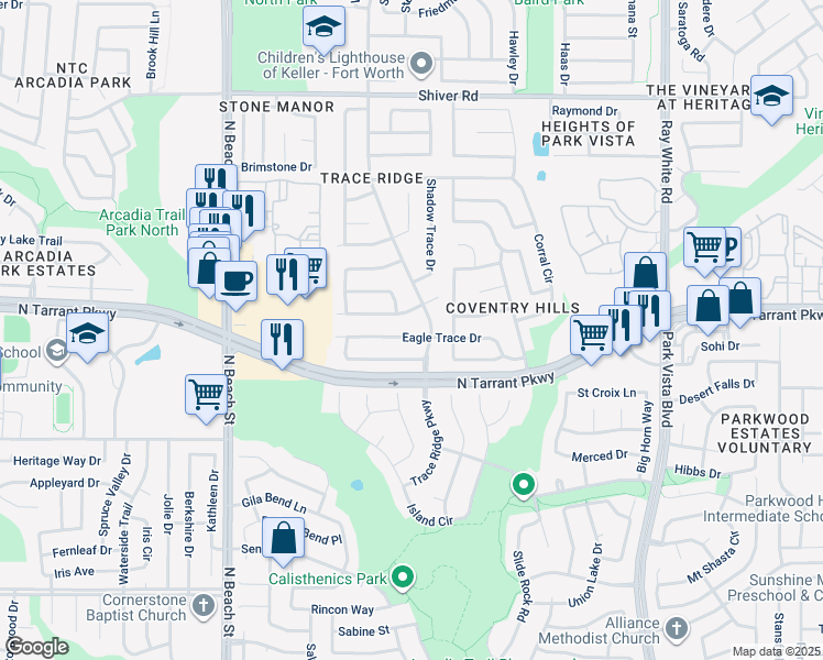 map of restaurants, bars, coffee shops, grocery stores, and more near 4749 Eagle Trace Drive in Fort Worth