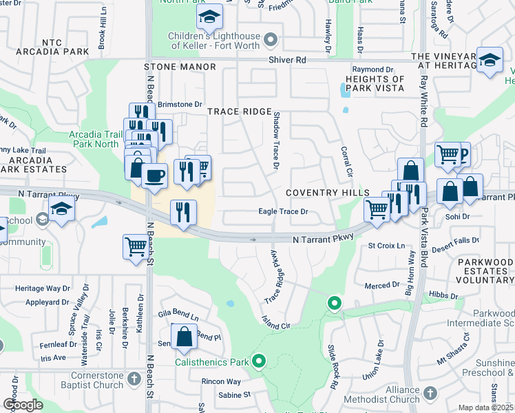 map of restaurants, bars, coffee shops, grocery stores, and more near 8600 Olympia Trace Circle in Fort Worth