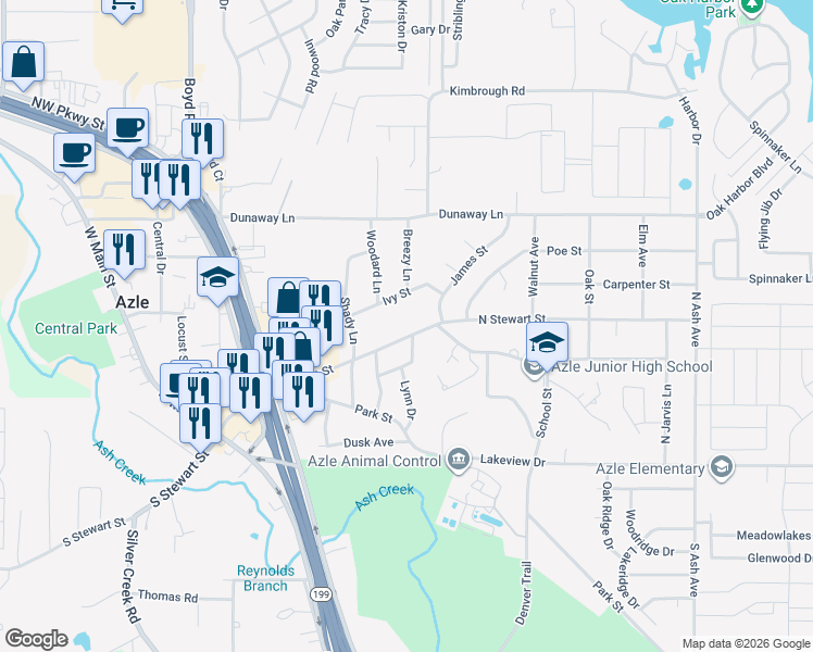 map of restaurants, bars, coffee shops, grocery stores, and more near 624 Ivy Street in Azle