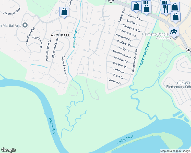 map of restaurants, bars, coffee shops, grocery stores, and more near 7857 Montview Road in North Charleston