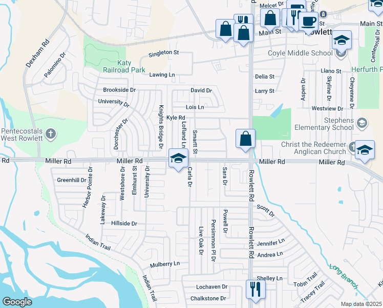 map of restaurants, bars, coffee shops, grocery stores, and more near 3605 Smartt Street in Rowlett