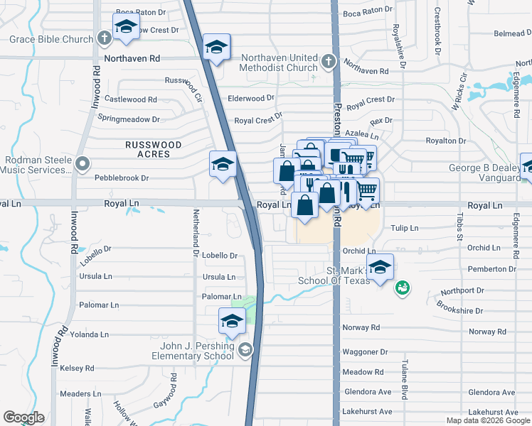map of restaurants, bars, coffee shops, grocery stores, and more near 5815 Royal Lane in Dallas