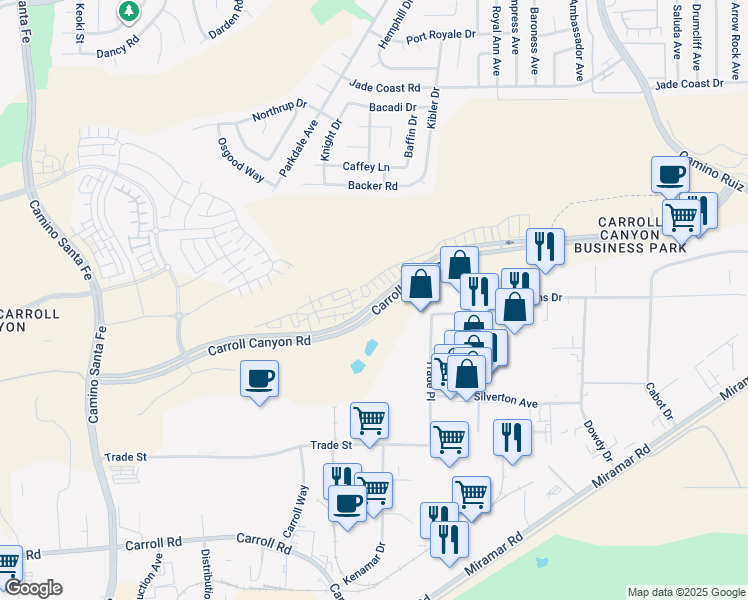 map of restaurants, bars, coffee shops, grocery stores, and more near 14161 Carnelian Way in San Diego