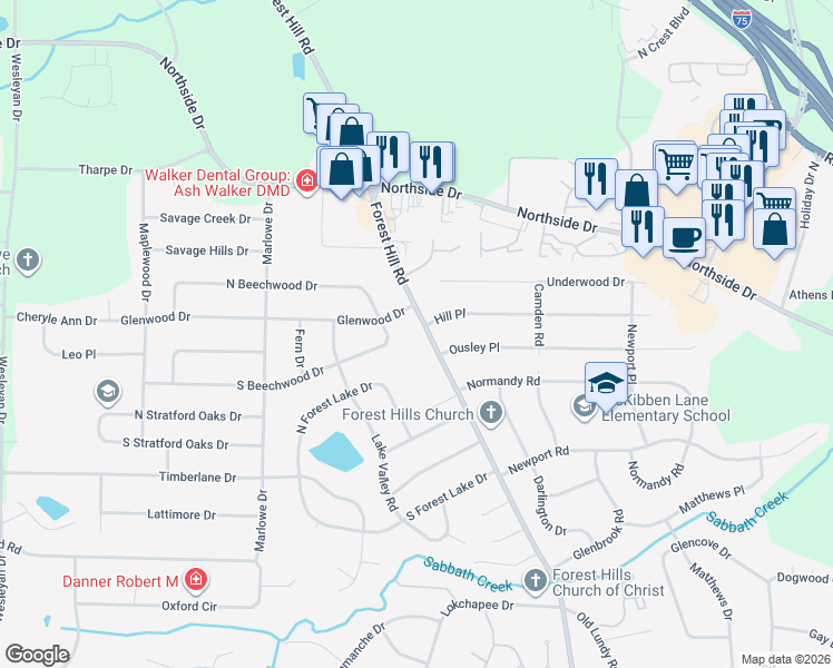 map of restaurants, bars, coffee shops, grocery stores, and more near 1440 Forest Hill Road in Macon