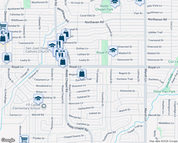 map of restaurants, bars, coffee shops, grocery stores, and more near 3312 Royal Lane in Dallas