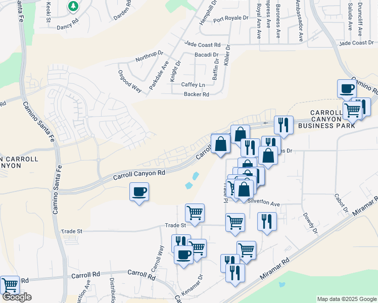 map of restaurants, bars, coffee shops, grocery stores, and more near 14151 Carnelian Way in San Diego