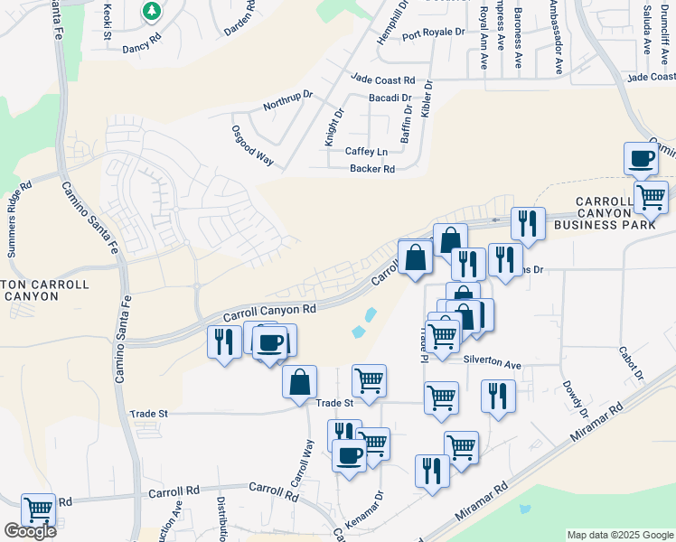 map of restaurants, bars, coffee shops, grocery stores, and more near 9265 Camino Santa Fe in San Diego