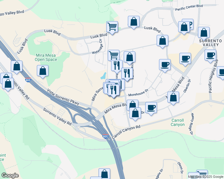 map of restaurants, bars, coffee shops, grocery stores, and more near 5355 Mira Sorrento Place in San Diego