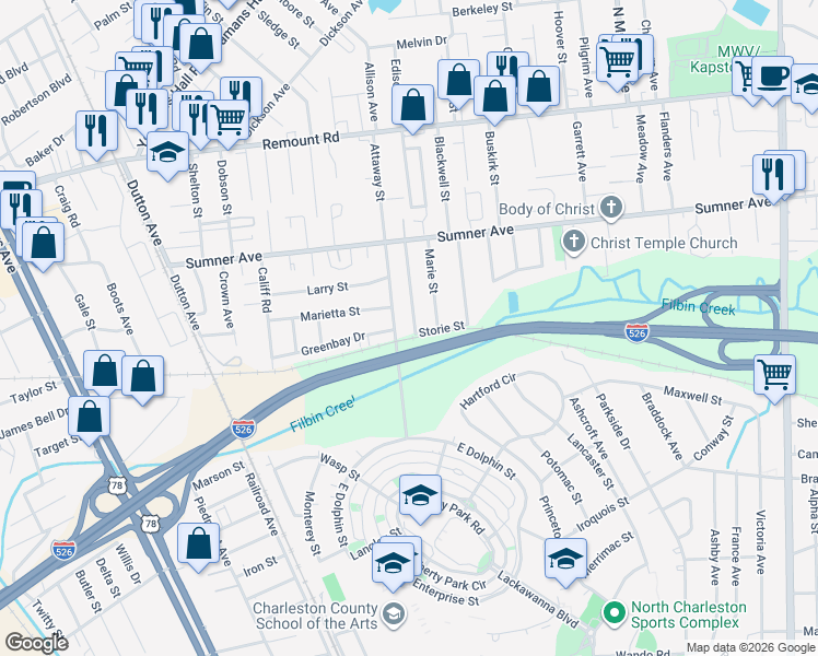 map of restaurants, bars, coffee shops, grocery stores, and more near 1509 Marietta Street in North Charleston