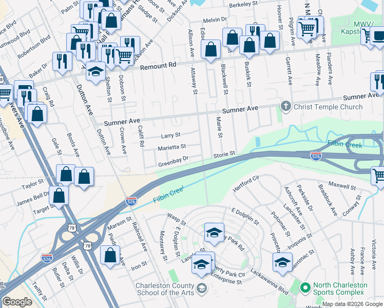 map of restaurants, bars, coffee shops, grocery stores, and more near 1509 Marietta Street in North Charleston
