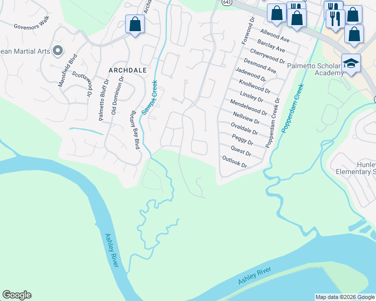 map of restaurants, bars, coffee shops, grocery stores, and more near 7857 Montview Road in North Charleston